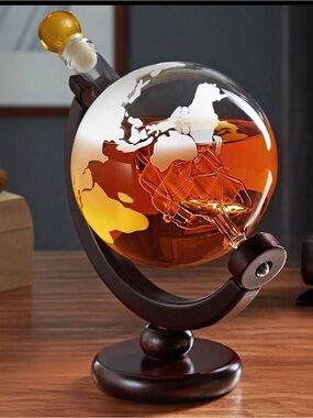 Vintage Glass Globe Ship Decanter on Wooden Stand Frosted World Map Barware